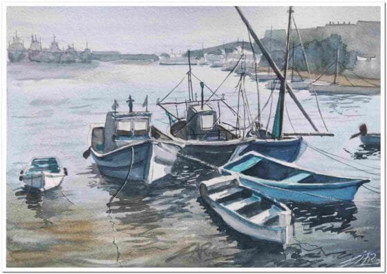 Acuarela original de barcas en la orilla, escena marítima con reflejos en el agua. Obra de arte pintada a mano por Juan Ríos