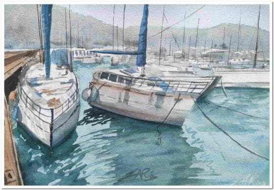 Acuarela original de barcos hermanos en el puerto, escena náutica con mástiles y reflejos en el agua. Obra de arte pintada a mano por Juan Ríos Art