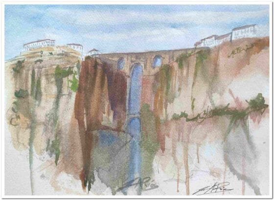 Acuarela original del Tajo de Ronda, paisaje con puente y acantilados pintada a mano sobre papel de alta calidad por Juan Ríos Art.
