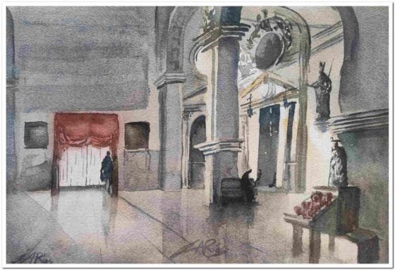 Acuarela original del interior de una iglesia, arquitectura y atmósfera pintado a mano sobre papel de alta calidad por Juan Ríos Art.