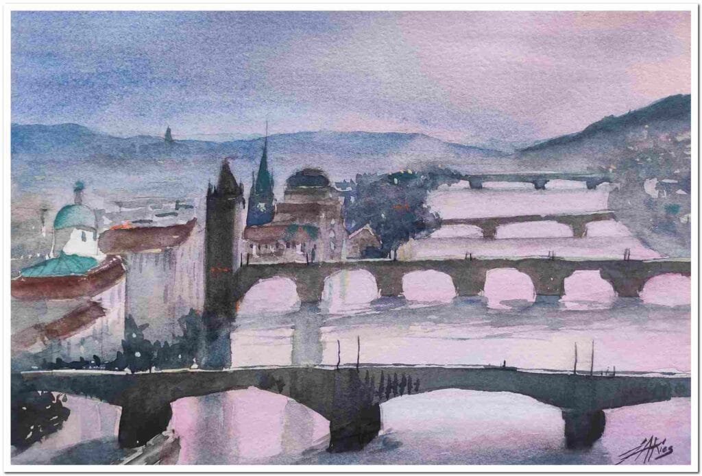 Acuarelas Originales que Capturan la Belleza del Mundo 32 Acuarela original de Praga al atardecer, vista panorámica con puentes y edificios históricos. Obra de arte pintada a mano sobre papel de alta calidad